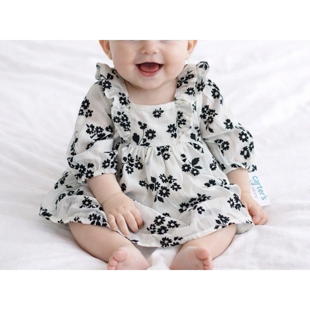 Carters Baby Girl 3 Mo Floral Lined Dress Ruffles Cream & Black Diaper Cover NWT